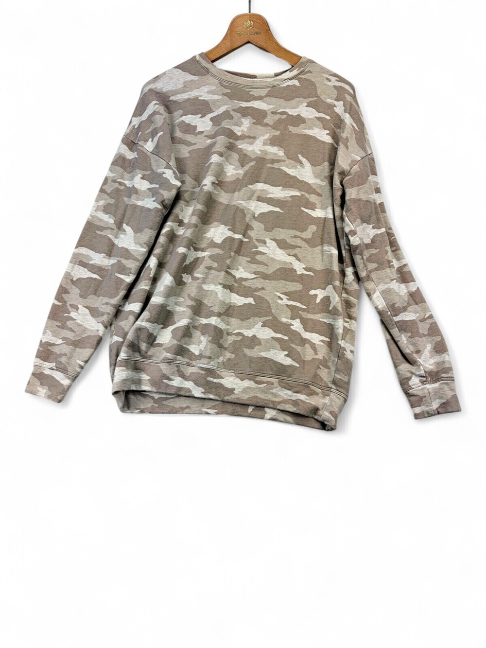 Athleta Camo Crewneck Sweatshirt Womens S Beige Cream Relaxed Fit Pullover